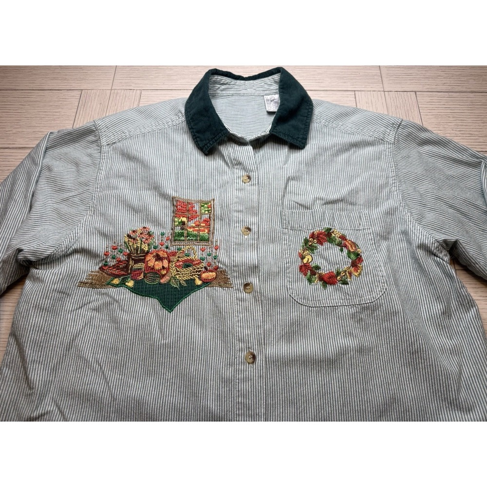Vintage Green Striped Button Up Cottage Grannycore Floral Embroidered Shirt 18W